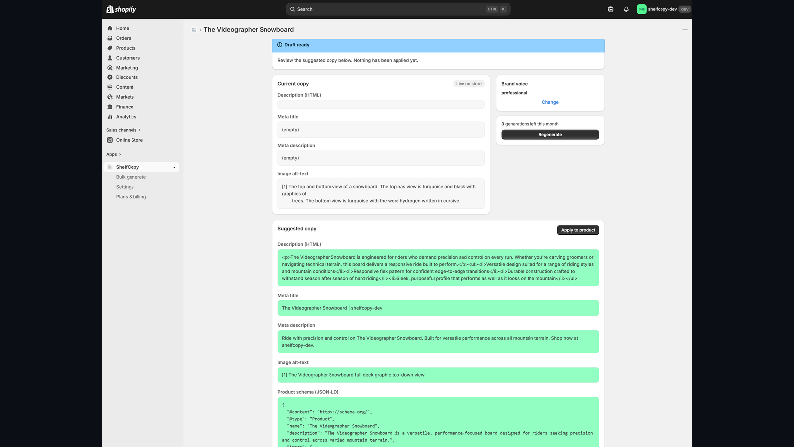 ShelfCopy diff preview showing AI-generated description, meta tags, and image alt-text